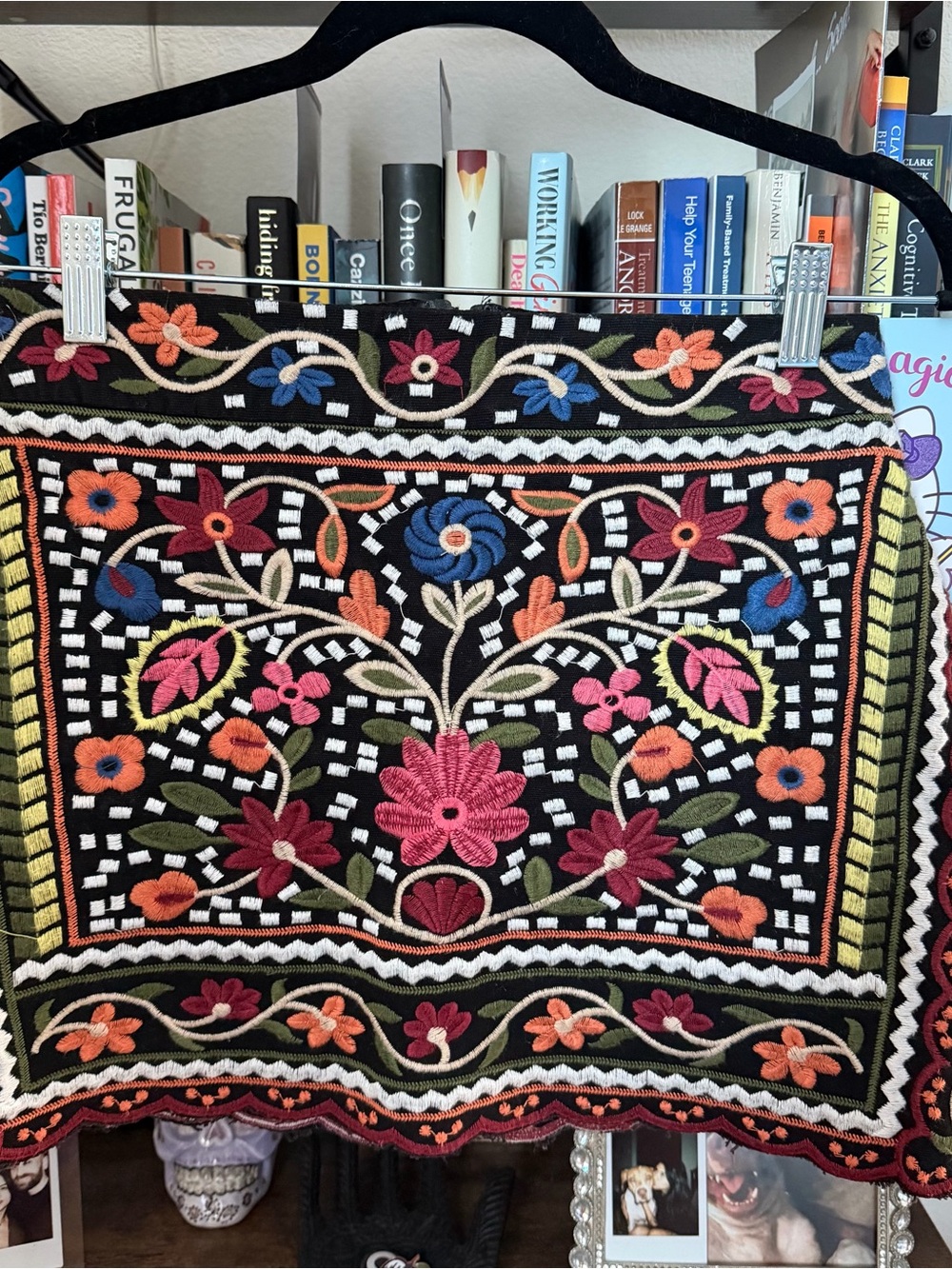 Embroidered Floral Black Panel Skirt with Multicolor Flowers
